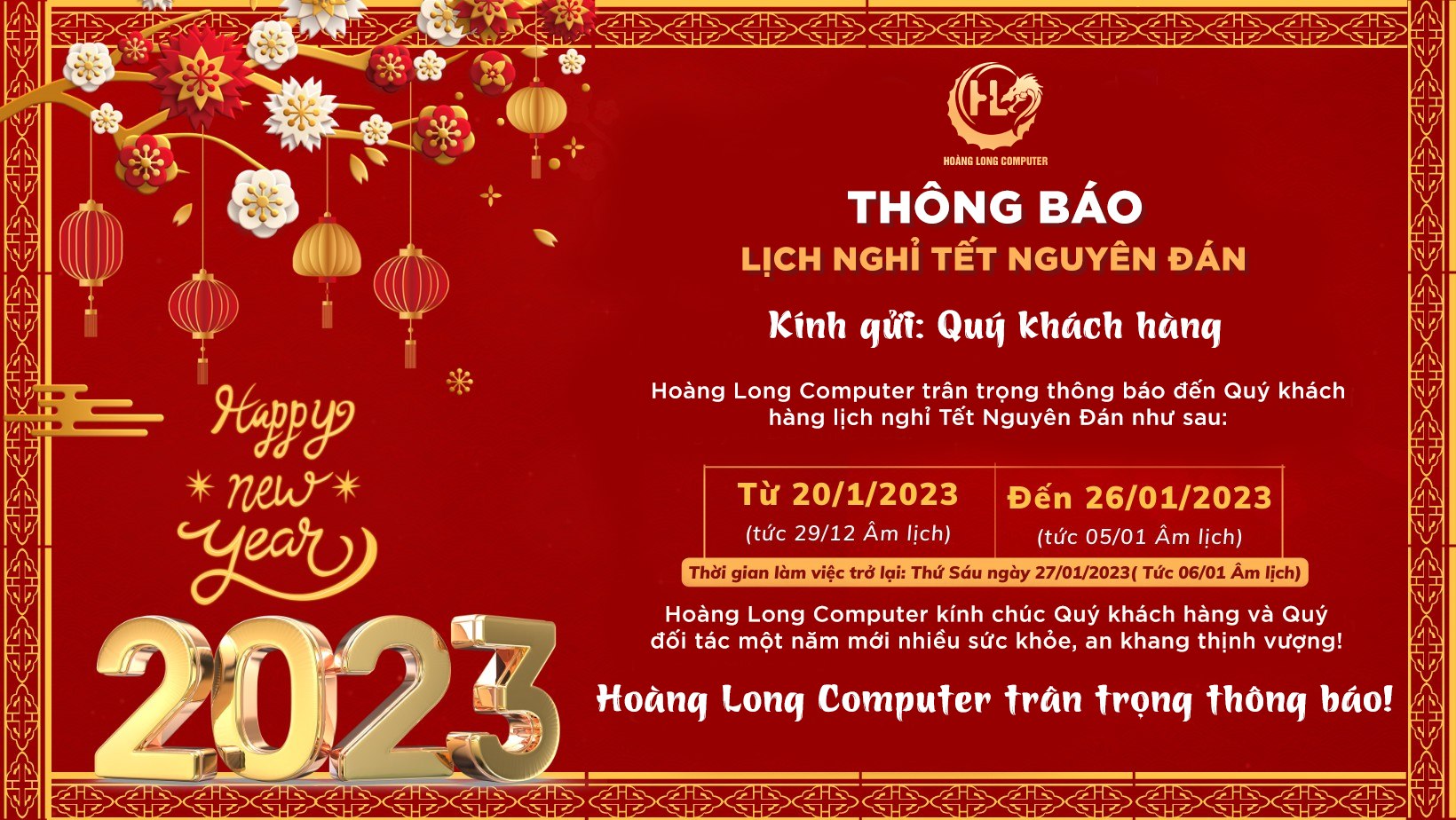 Hoàng Long Computer Thông Báo Lịch Nghỉ Tết Qúy Mão 2023